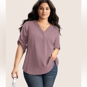 BloomChic V Neck Plain Pleated Tab Sleeve Blouse us12